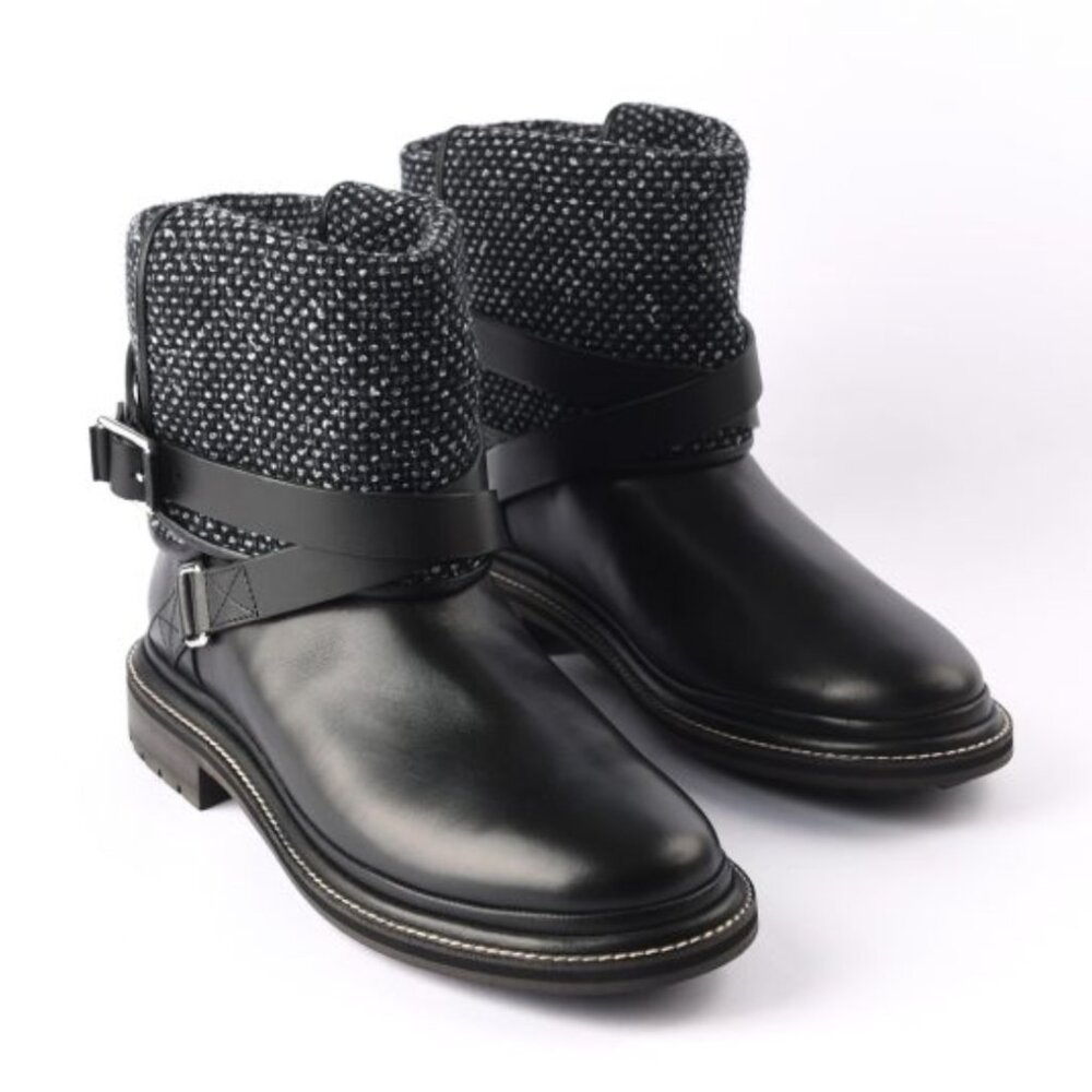 Chanel Black Tweed Fold Over Biker Calfskin CC Short Grey Boots